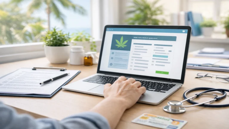 Patient completing an online application for a FL MMJ Card on a laptop with medical documents and stethoscope nearby