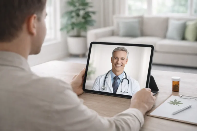 Patient having a telehealth consultation with a doctor to apply for a Pennsylvania medical marijuana card online