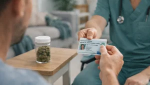 Patient receiving a Pennsylvania medical marijuana card from a doctor for medication for PTSD treatment options