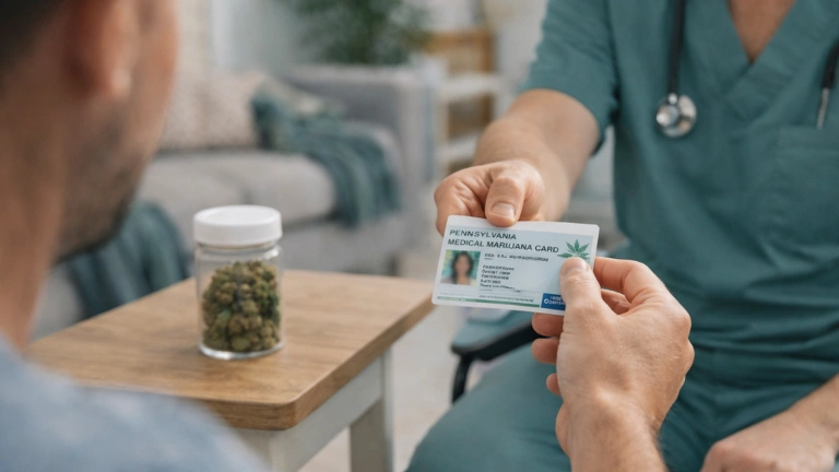 Patient receiving a Pennsylvania medical marijuana card from a doctor for medication for PTSD treatment options