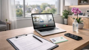 Telehealth setup with laptop, forms, and ID card for applying for an MMJ Card in Pennsylvania