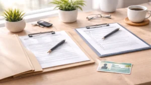 Documents and ID required to apply for a Florida Medical Marijuana Card on a desk with forms and checklist