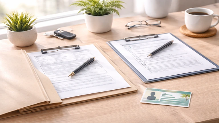 Documents and ID required to apply for a Florida Medical Marijuana Card on a desk with forms and checklist