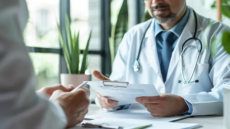 Doctor reviewing paperwork with a patient during a consultation for a Medical Marijuana Card in Erie