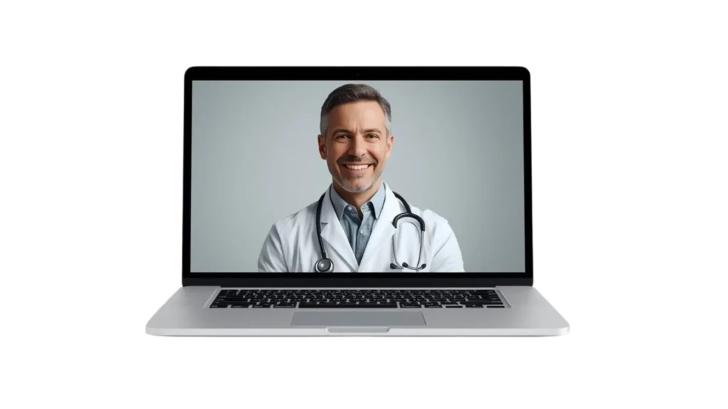 Doctor on a laptop screen representing an online consultation with a Medical Marijuana Doctor in Oklahoma