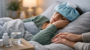 Person resting in bed with a cold compress while receiving comfort for migraine vs headache symptoms
