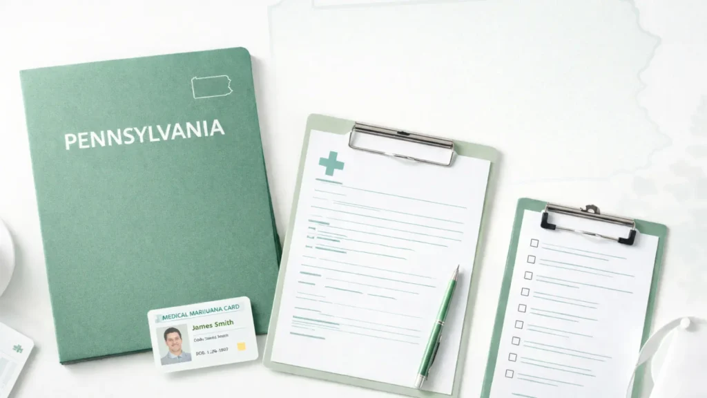 Pennsylvania medical paperwork and ID card for applying for a Medical Marijuana Card