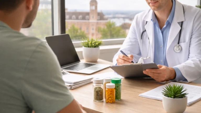 Doctor evaluating patient for a medical marijuana card renewal in Fort Smith during an in-office consultation