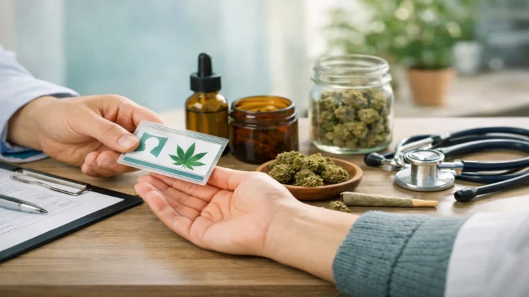 Patient receiving medical marijuana card from doctor during same-day certification in Pennsylvania