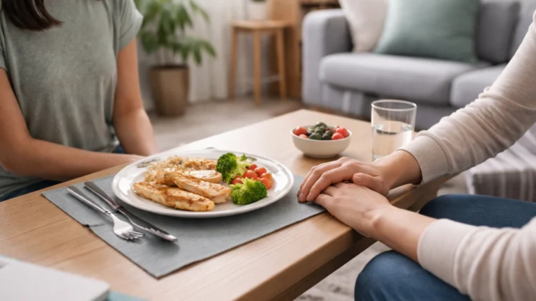 Person showing lack of appetite and avoiding a meal, representing atypical anorexia eating disorder