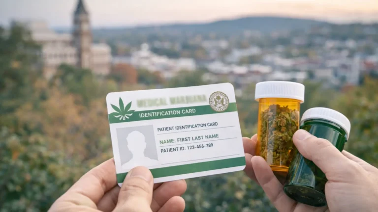 Patient holding medical marijuana card and cannabis containers with Fayetteville city background representing medical marijuana card renewal in Fayetteville