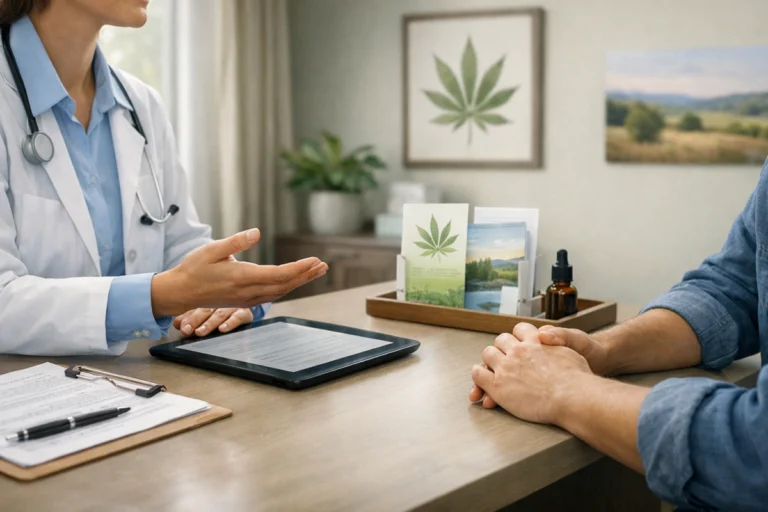 Doctor consulting with patient about medical marijuana card renewal in Jonesboro during an in-office visit