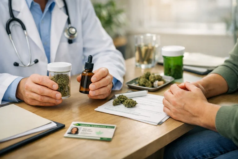Doctor discussing medical marijuana treatment options with patient during evaluation for a Medical Marijuana Card in Little Rock