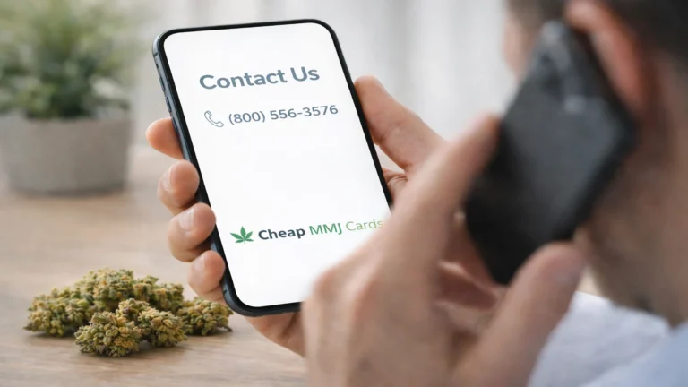 User calling from smartphone displaying Contact Cheap MMJ Cards on contact us page
