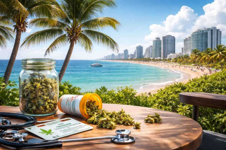 Medical marijuana products and patient card on a table overlooking Fort Lauderdale beach representing Medical Marijuana Card in Fort Lauderdale