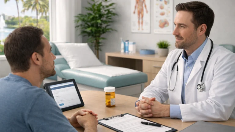 Doctor consulting with patient about getting a medical marijuana card in Orlando during an in-office evaluation