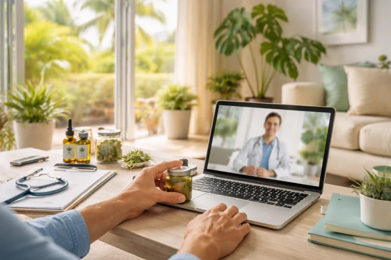 Patient completing a telehealth consultation for a medical marijuana card in Pembroke Pines with cannabis products on desk