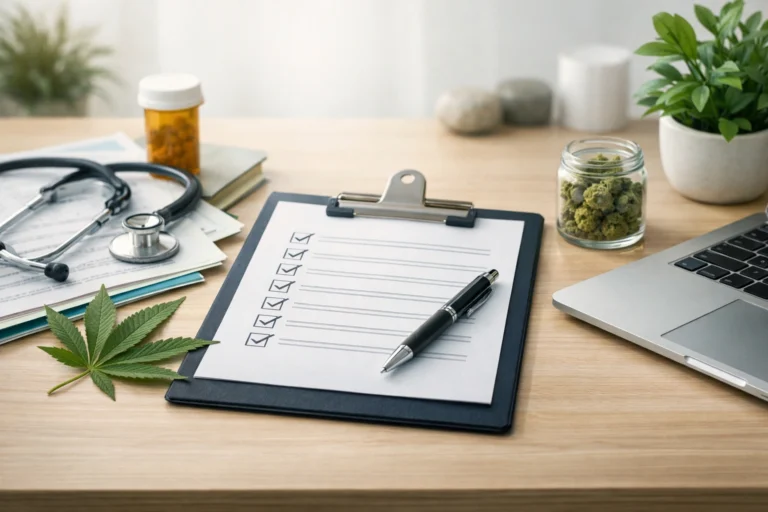 Checklist and medical documents with cannabis leaf representing how to apply for a medical marijuana card