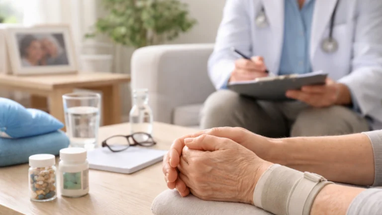 Patient consulting with doctor about arthritis symptoms and treatment, exploring if arthritis is genetic