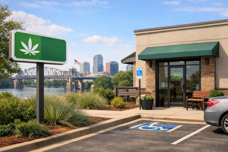 Medical marijuana dispensary storefront in North Little Rock near downtown skyline representing Medical Marijuana Card in North Little Rock