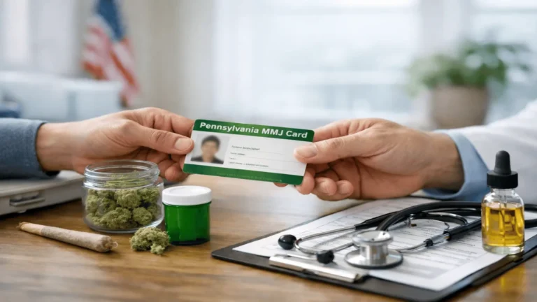 Patient receiving Pennsylvania medical marijuana card from doctor with cannabis products and medical tools on desk