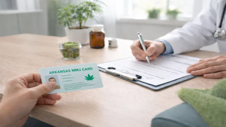 Patient presenting Arkansas medical marijuana card during online renewal consultation with doctor