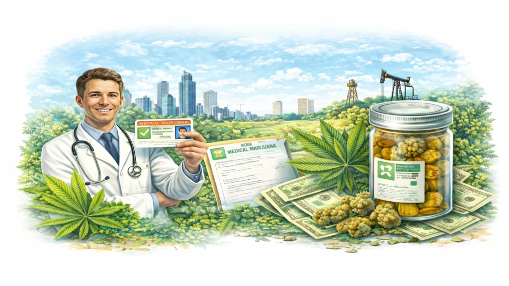 Doctor holding medical marijuana card with cannabis leaves, prescription jar, and documents representing medical marijuana card services