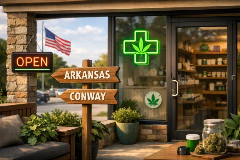 Medical marijuana dispensary storefront in Conway, Arkansas representing medical marijuana card renewal services