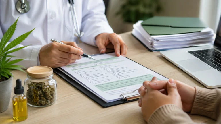 Doctor reviewing medical cannabis card application documents with patient during consultation