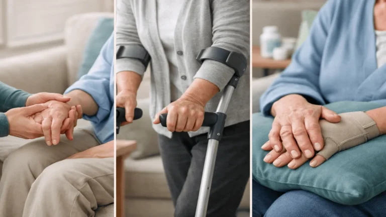 Collage showing different stages of rheumatoid arthritis with joint pain support, mobility assistance, and hand inflammation care for Florida patients