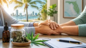 Florida medical marijuana caregiver providing support and guidance to a patient during a consultation with cannabis products on the table