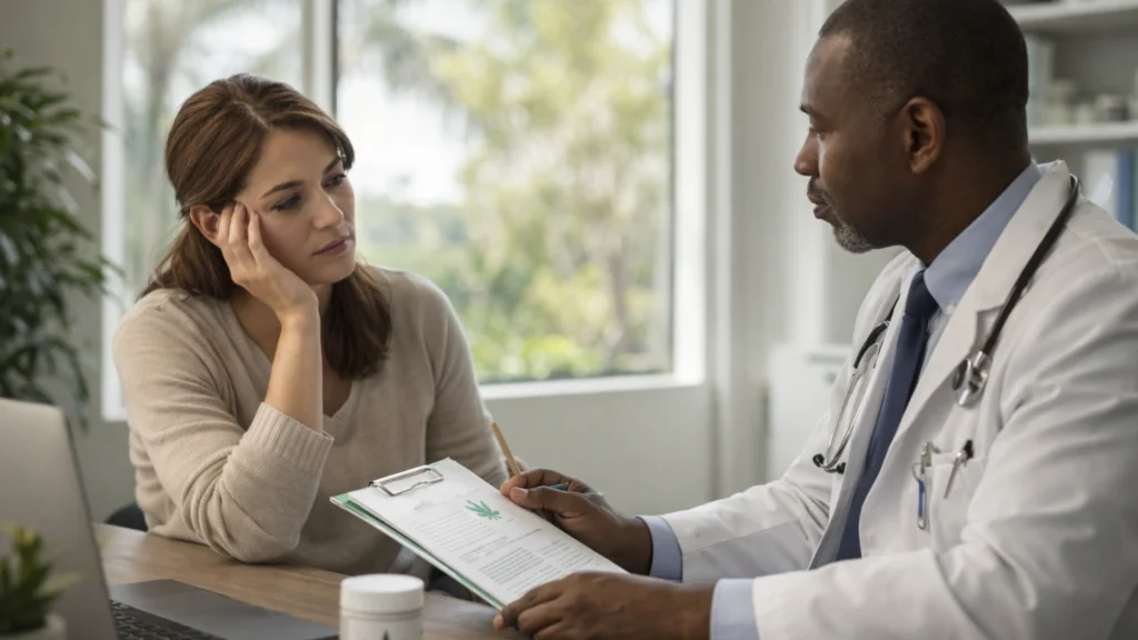 Patient discussing anxiety symptoms and medical marijuana treatment options with a doctor in Pennsylvania