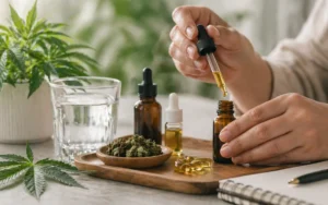 Person preparing medical marijuana oil dosage with a dropper beside cannabis products and wellness supplies during a Florida RFE consultation