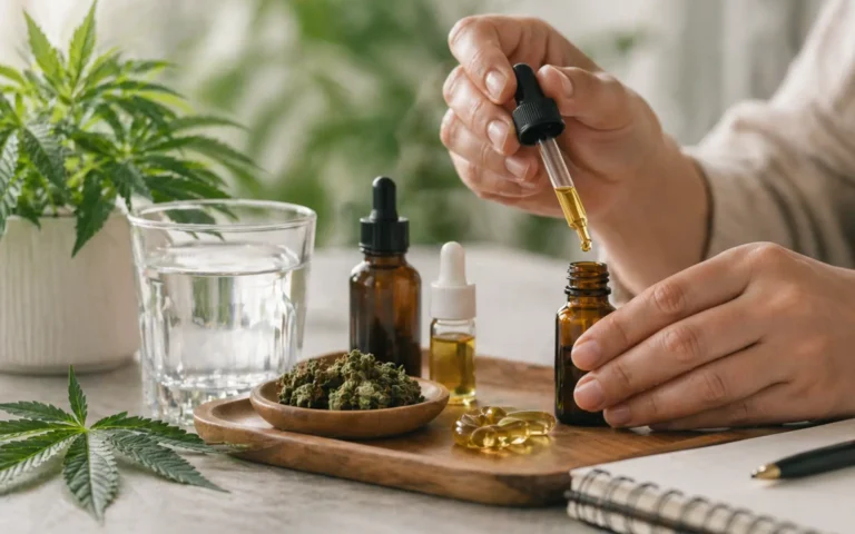 Person preparing medical marijuana oil dosage with a dropper beside cannabis products and wellness supplies during a Florida RFE consultation