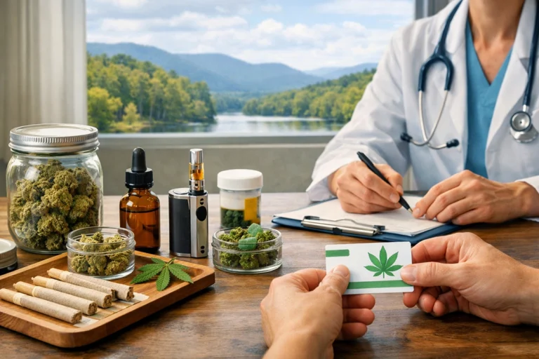 Patient holding a medical marijuana card during a consultation with a doctor in Rogers, Arkansas