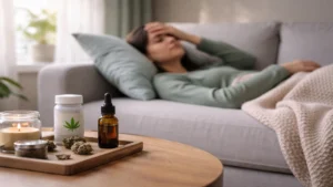 Patient experiencing a migraine while consulting with a doctor about medical marijuana treatment options in Pennsylvania