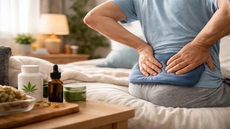 Person with chronic lower back pain using a heating pad beside medical marijuana products in a Florida home setting