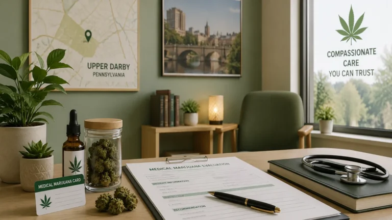 Medical Marijuana Card in Upper Darby consultation office with patient evaluation forms and MMJ products.