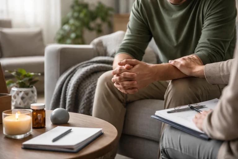 What Are the 17 Symptoms of PTSD support session with patient and counselor.
