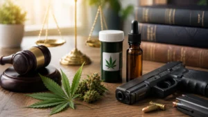 Medical marijuana card in PA and firearm ownership legal considerations with cannabis and handgun.